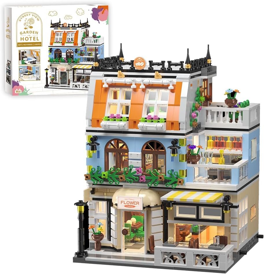 City Garden Hotel Building Sets,House Architecture Model Blocks Toys for Adults & Teens，1300 PCS Mini Bricks with LED