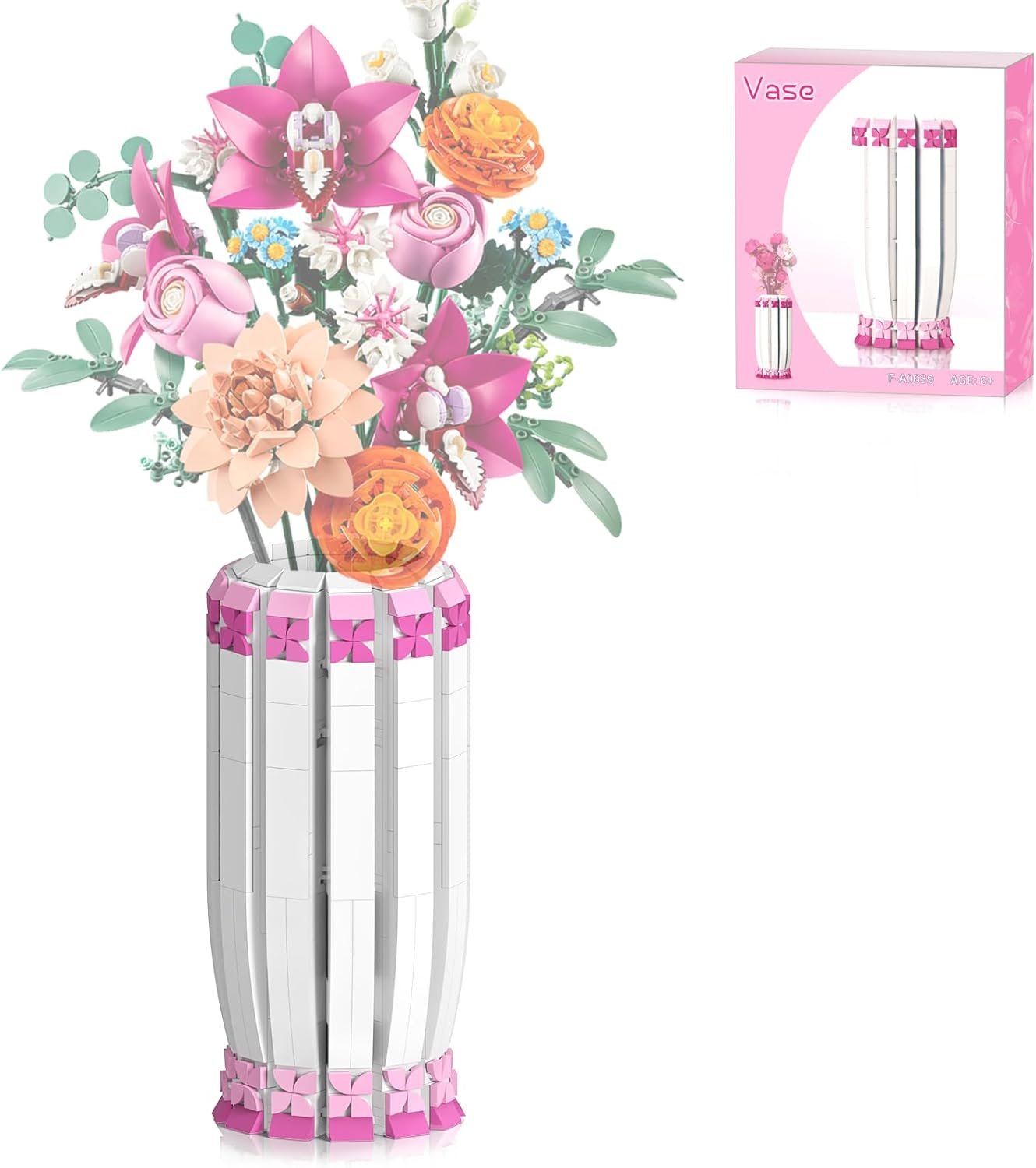 Vase for 10347 10280 10328 10342 Flower Bouquet Building Decoration Set and Artificial Flowers, for Valentines Day for Her and Girls Adults, Vase Only