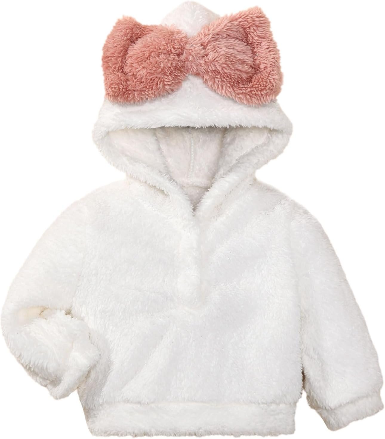 ROMPERINBOX Baby Girl Hoodie With Large Bow Fuzzy Hooded Sweatshirt Long Sleeve Pullover Fall Winter Outfits