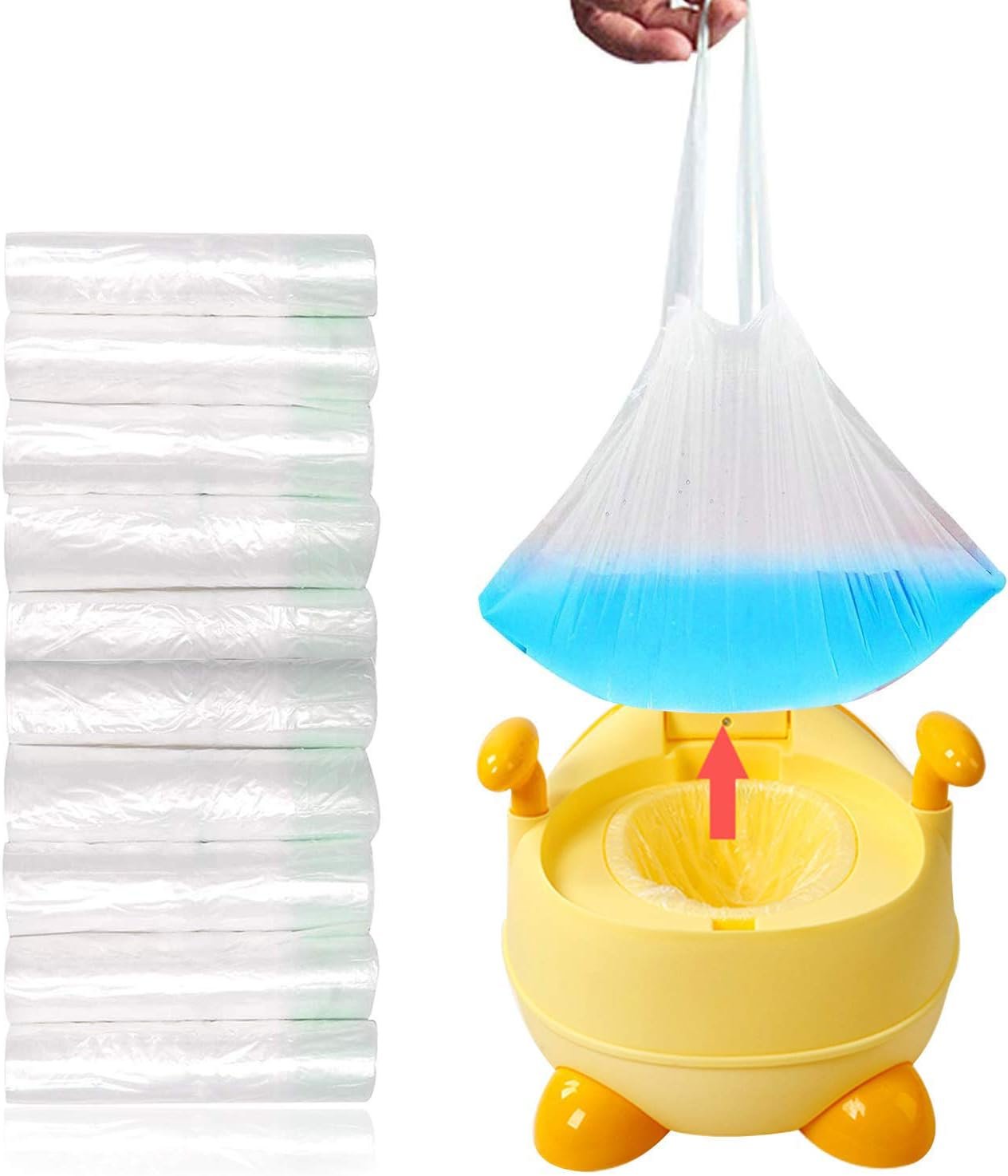 100 Pack Portable Travel Universal Potty Chair Liners with Drawstring Training Toilet Seat Potty Bags Cleaning Bag for Kids Toddlers Adults Pets Outdoors (42 x 24 cm)