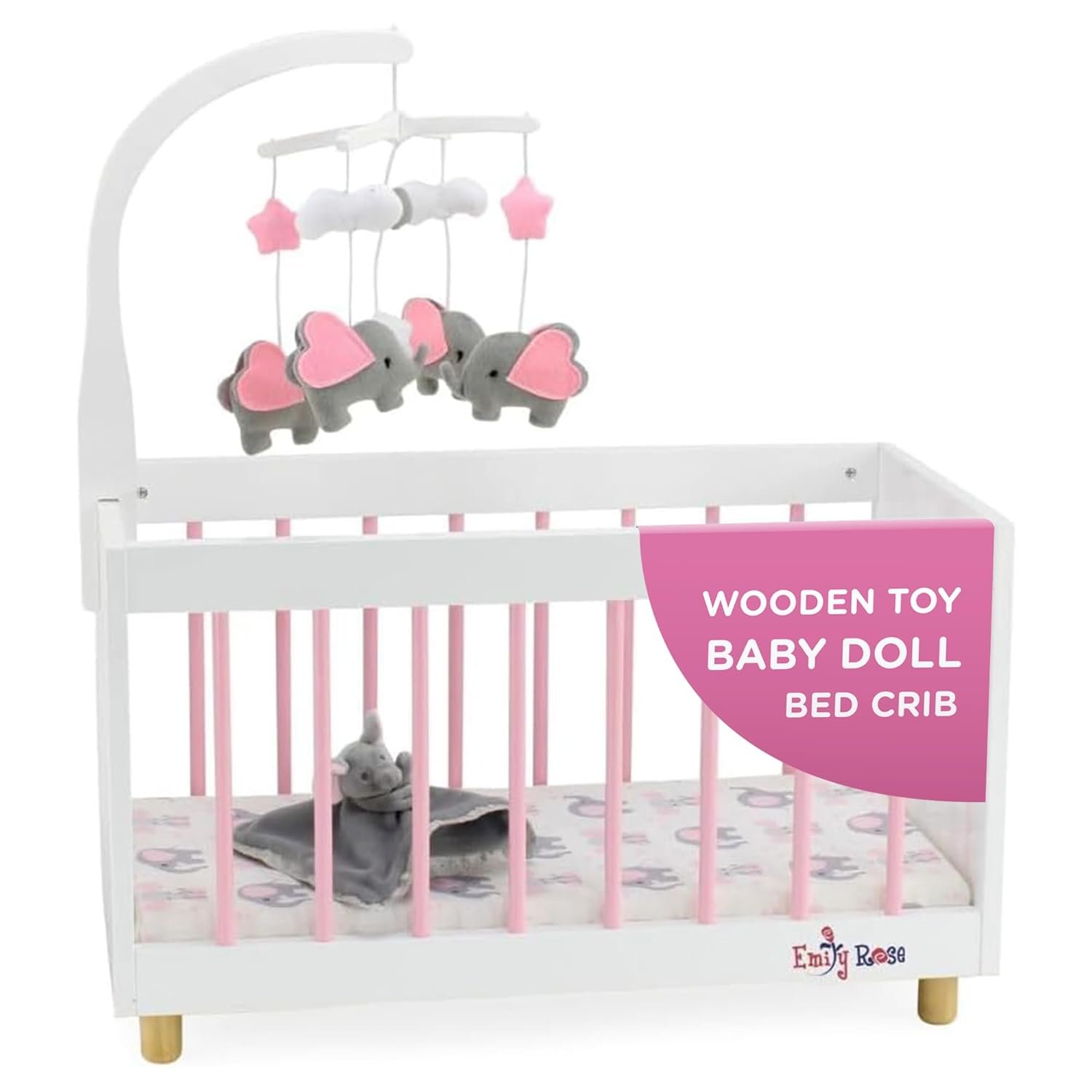 Emily Rose Baby Doll Crib for 18-Inch Dolls – Includes Mobile, Elephant-Themed Bedding & Doll-Sized Lovey – Fits American Girl, Our Generation – USA Brand | Pretend Play Nursery Set