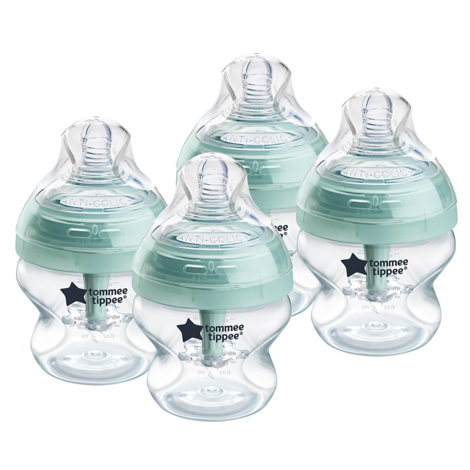 Tommee Tippee Advanced Anti-Colic 5 oz BPA Free Baby Bottles, Newborn 0+ Months, Slow Flow Breast-Like Nipple, Unique Design Keeps Air Away from Milk and Baby, Clear, Pack of 4