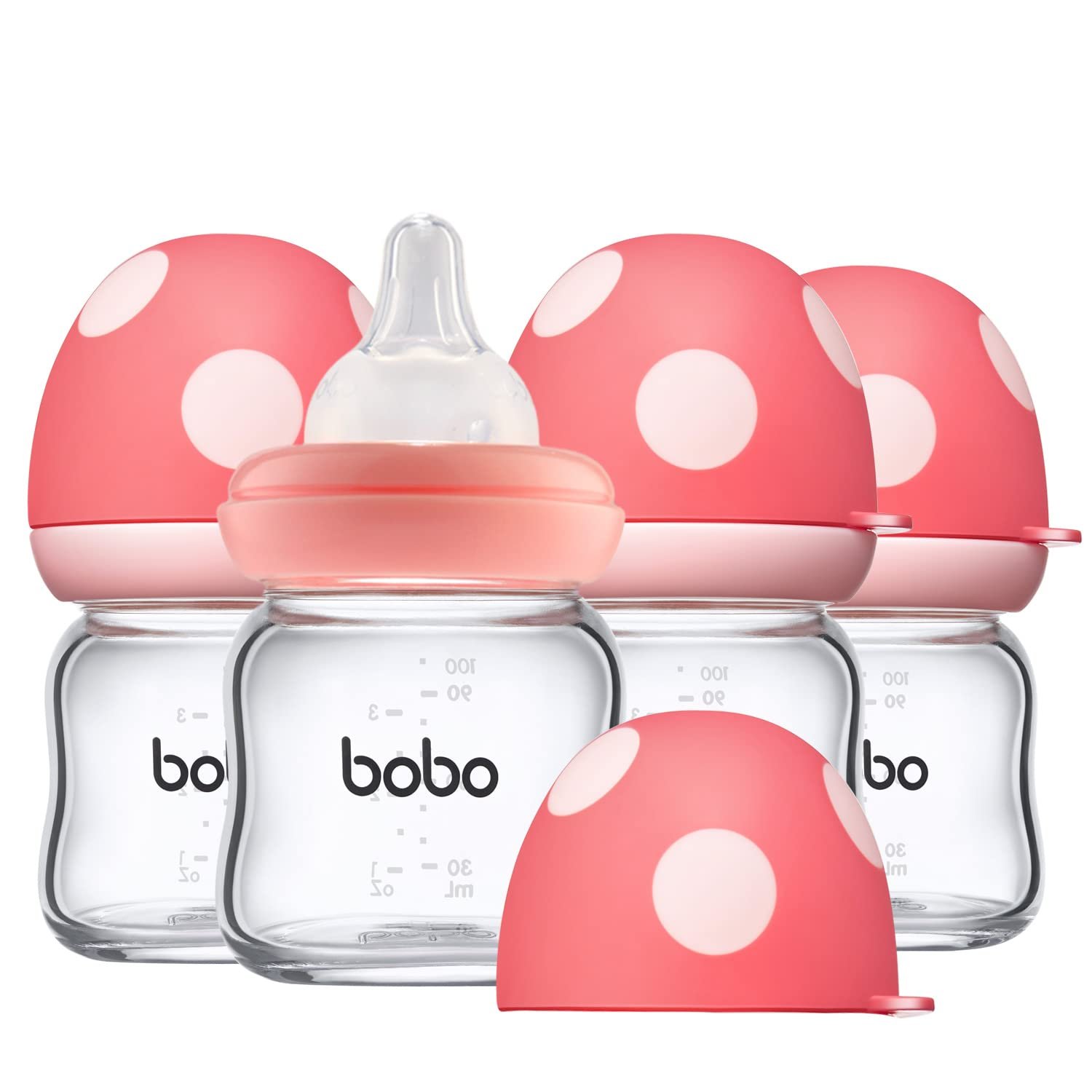 YOHKOH Natural Glass Baby Bottle with Level 1 Slow Flow Nipple, Newborn Anti-Colic Baby Bottles, Wide Neck Mushroom Baby Glass Bottle (3.4oz (Pack of 4), Red)