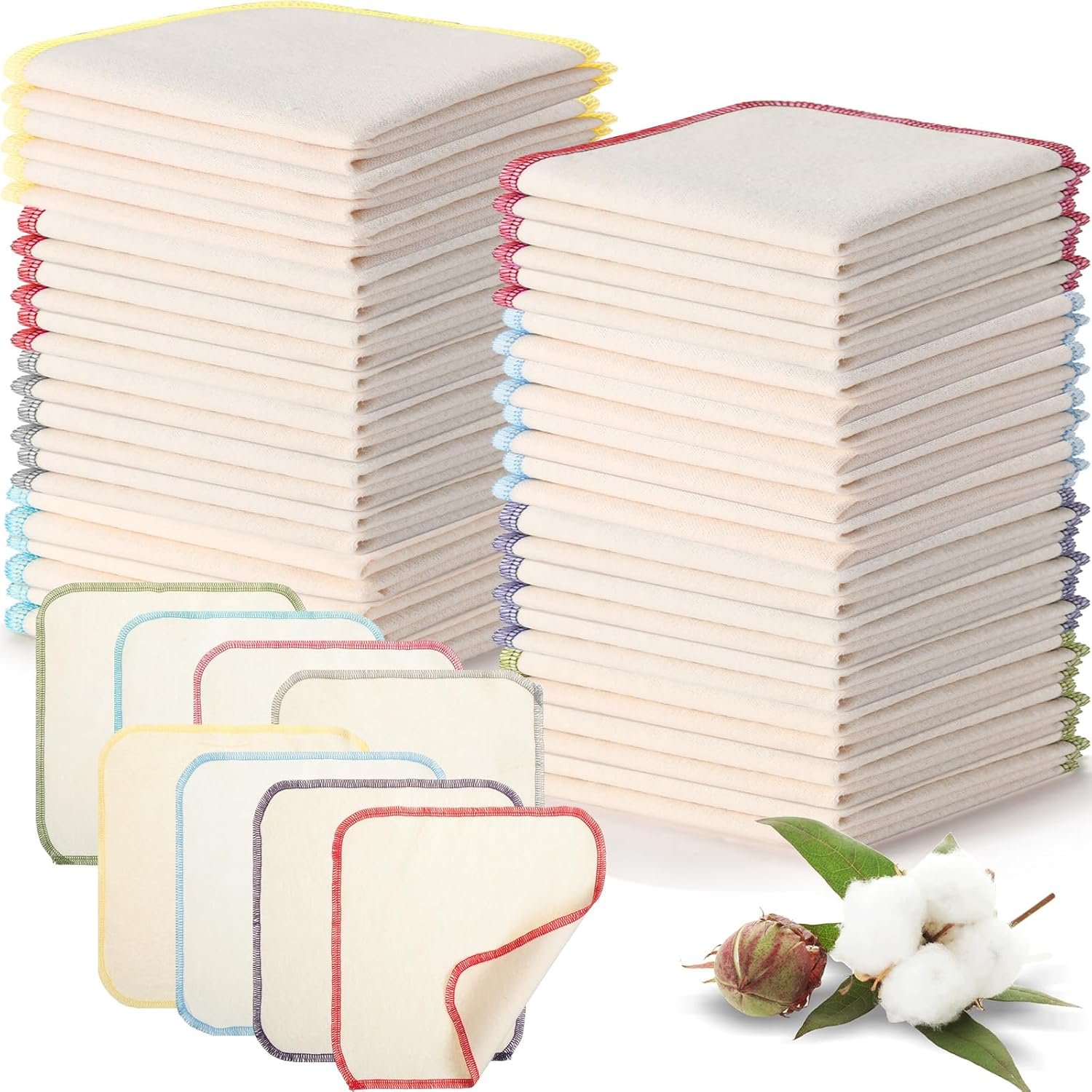 Mixweer 48 Pcs Flannel Cloth Baby Wipes Reusable Baby Diapers Wipes Washable Natural Unbleached Face Wipes Soft and Sturdy Cloth Wipes 8 Colors Outer Stitching 8 x 8 Inches