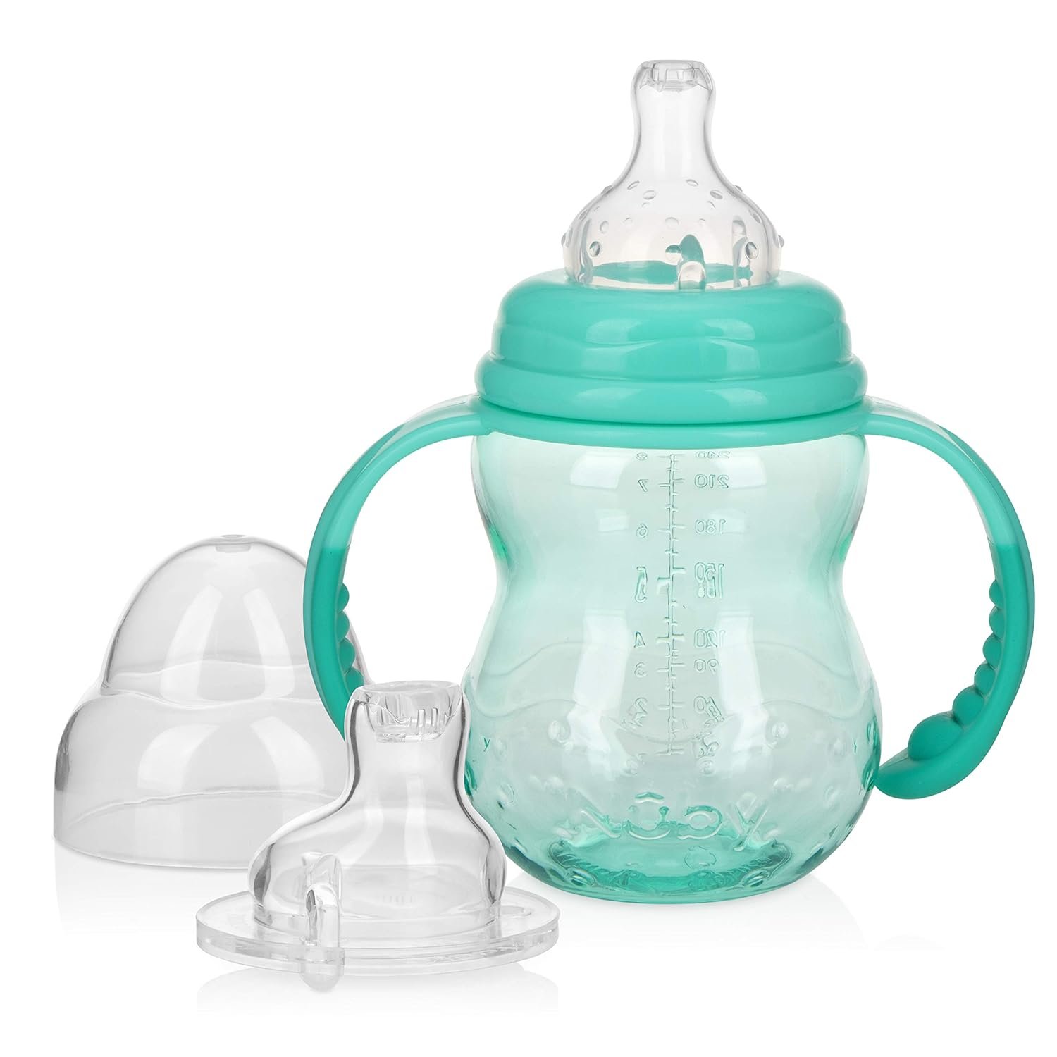 Nuby 3 in 1 Baby Bottle to Training Sippy Cup – 8 Oz Toddler Cups Spill Proof with Soft Spout, Nipple & Removable Grip Handles – Dishwasher Safe (Teal)