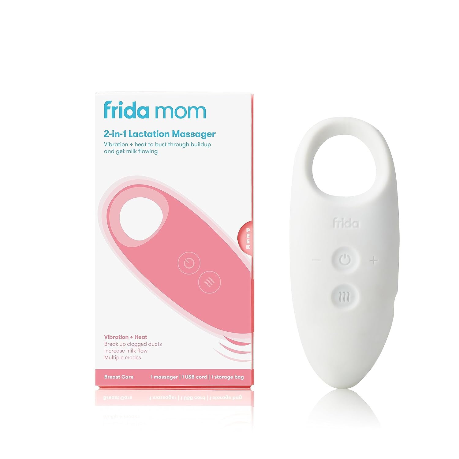 Frida Mom 2-in-1 Lactation Massager, Multiple Modes of Heat + Vibration for Clogged Milk Ducts, Increase Milk Flow, Breast Engorgement – USB Cord Included, White