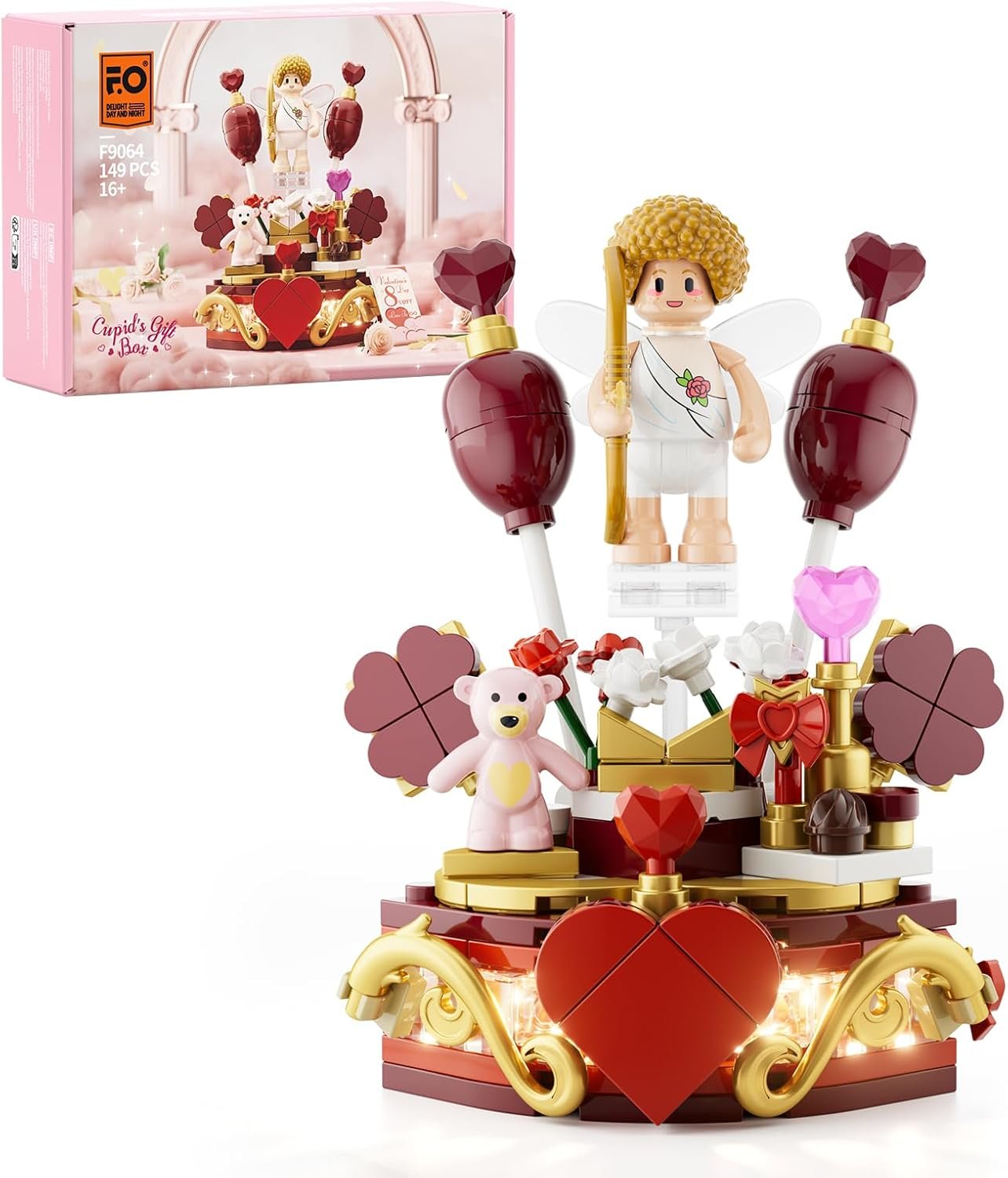 FUNWHOLE Cupid’s Gift Box Lighting Building Bricks Set – Mother’s Day Love Decoration Minifigure for Romantic Collection Toy Building Kit 149 Pcs for Adults & Teens