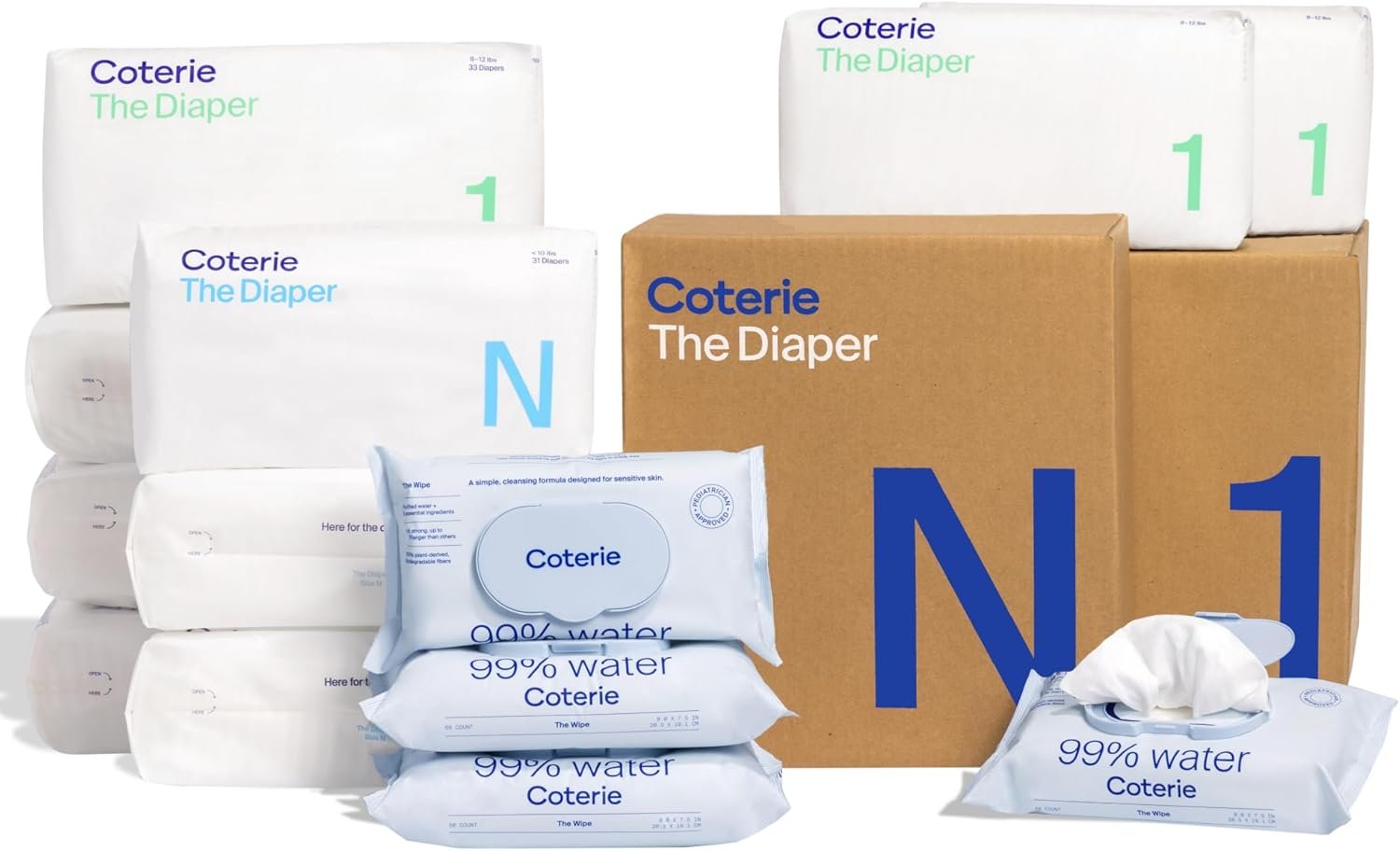 Coterie Baby Wipes + Diapers Kit, Size 1 (198 Count) & Size Newborn Diapers (93 Count), 4 Pack (224) Wipes with 99% Water, Plant Based Materials, Hypoallergenic for Sensitive Skin, Baby Essentials