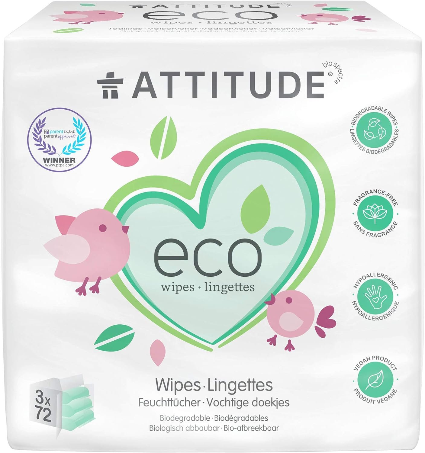 ATTITUDE Biodegradable Baby Wipes, Plant Based Unscented Diaper Wipes for Babies and Newborn, Dermatologically Tested, Vegan, 72 Count (Pack of 3)