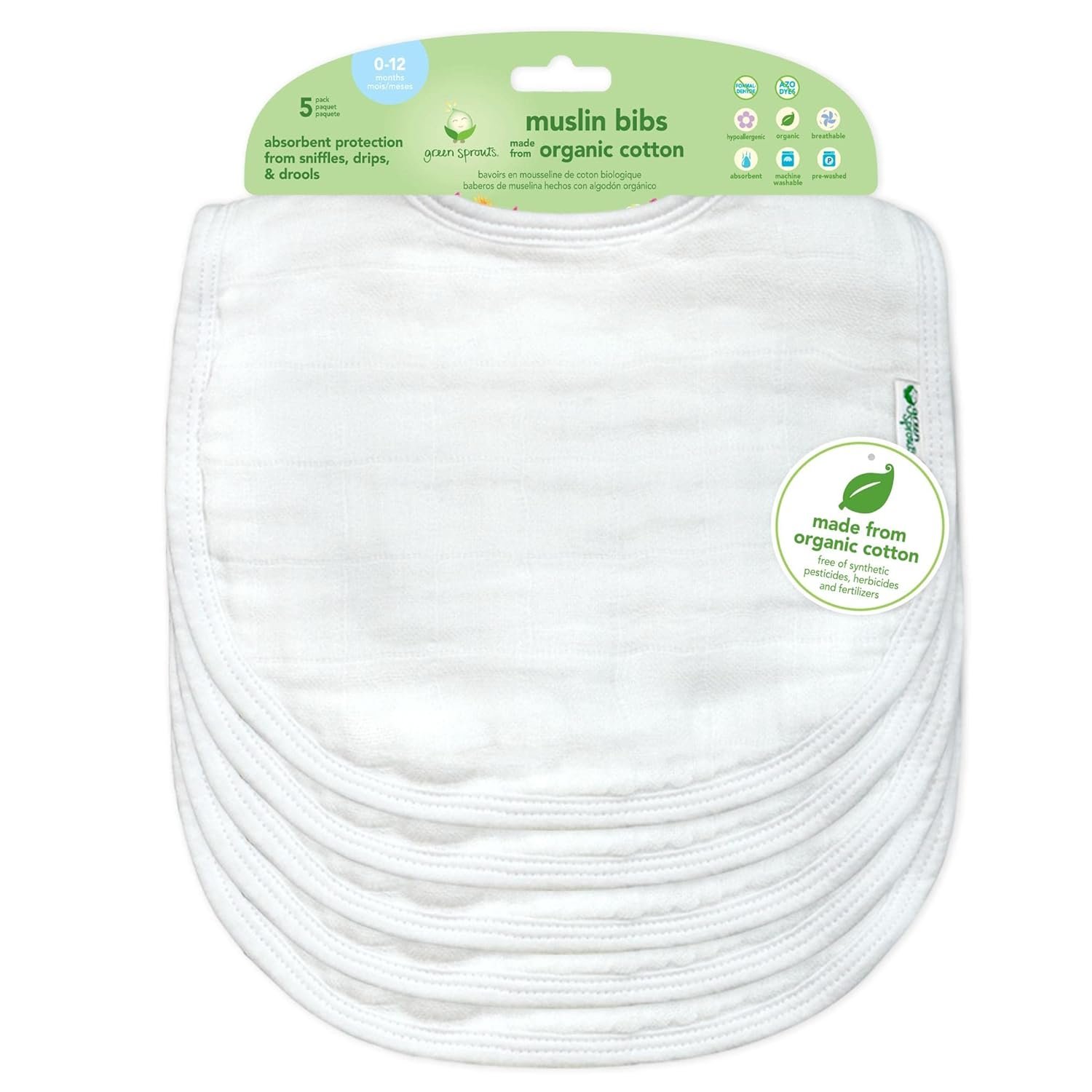 green sprouts Muslin Bibs Made from Organic Cotton| 4 Absorbent Layers Protect from sniffles, Drips, & drools | 100% Organic Cotton Muslin, Adjustable snap Closure, Machine Washable,5 Count