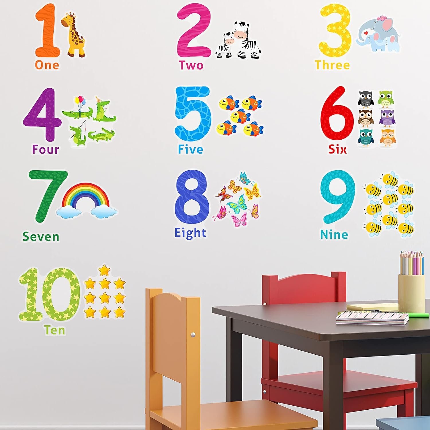 Outus 3 Sheets Number Wall Decals Children Number Stickers Alphabet 123 Wall Decals Peel and Stick Animal Stickers Educational Classroom for Kids Nursery Bedroom Living Room Playroom Decor