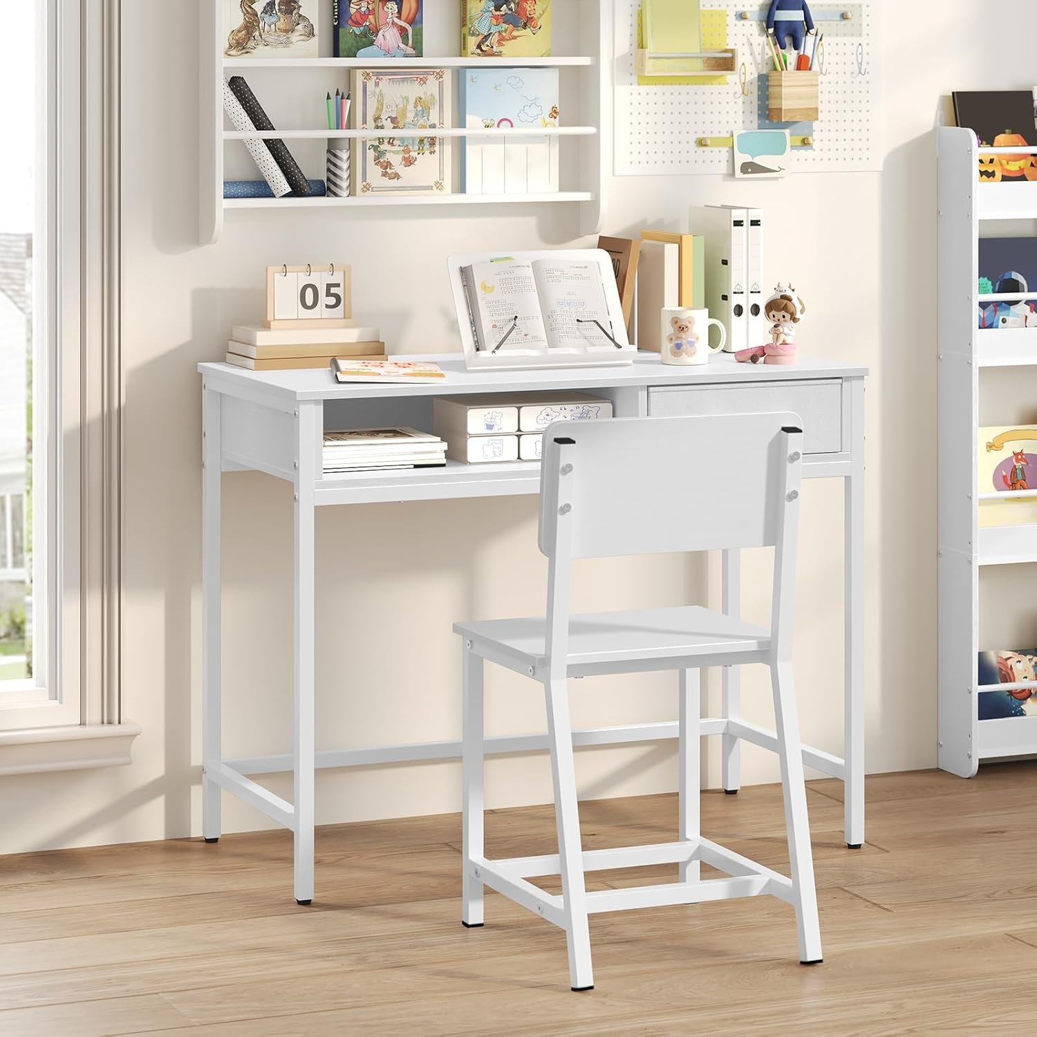 Kids Desk and Chair Set, Student Writing Desk, Kids Study Desk with Book Sorter and Fabric Drawer, Kids Wooden Study Table, for Study, Kids Room, Bedroom, White KDBW11901N1