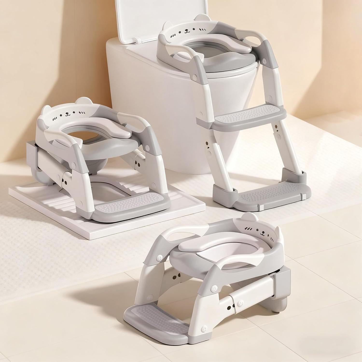 Potty Training Seat, Upgrade Toddler Toilet Seat for Kids Boys Girls, 3 in 1 Potty Training Toilet with Step Stool Ladder-Non Slip Foldable (Gray+White)