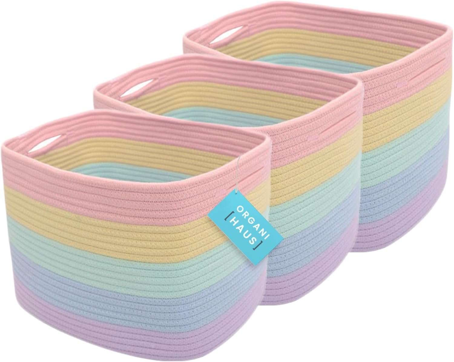 OrganiHaus Set of 3 Pastel Rainbow Woven Storage Baskets for Shelves, Decorative Organizer Bins for Kids Room, Nursery & Classroom, Colorful Toy Storage Basket for Playroom Decor – 15x9x10 inches