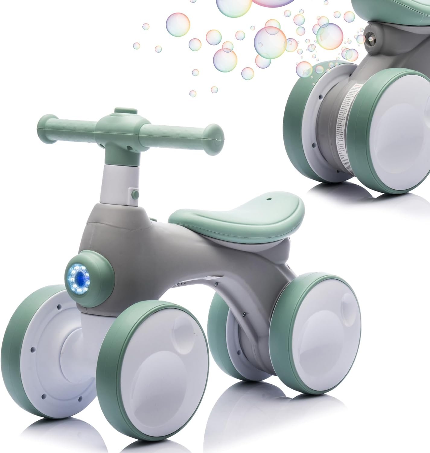 Baby Toddler Balance Bike with Bubble Machine for 1 Year Old Children,4 Wheels Kids Balance Bike w/Bubble Maker,Kids Ride on Toys w/Music,Headlight for Ages 12-36 Months Boys Girls (Light Green)