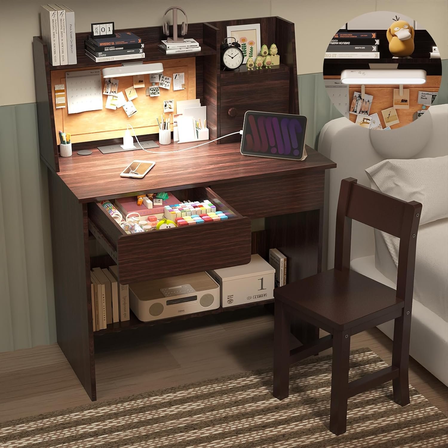 Espresso Desk and Chair Set for 5-12 Year Old,Kids Study Desk with 3-Color Lights, Kids Study Table with Charging Station, Study Table with Drawers and Storage Shelf-6e10