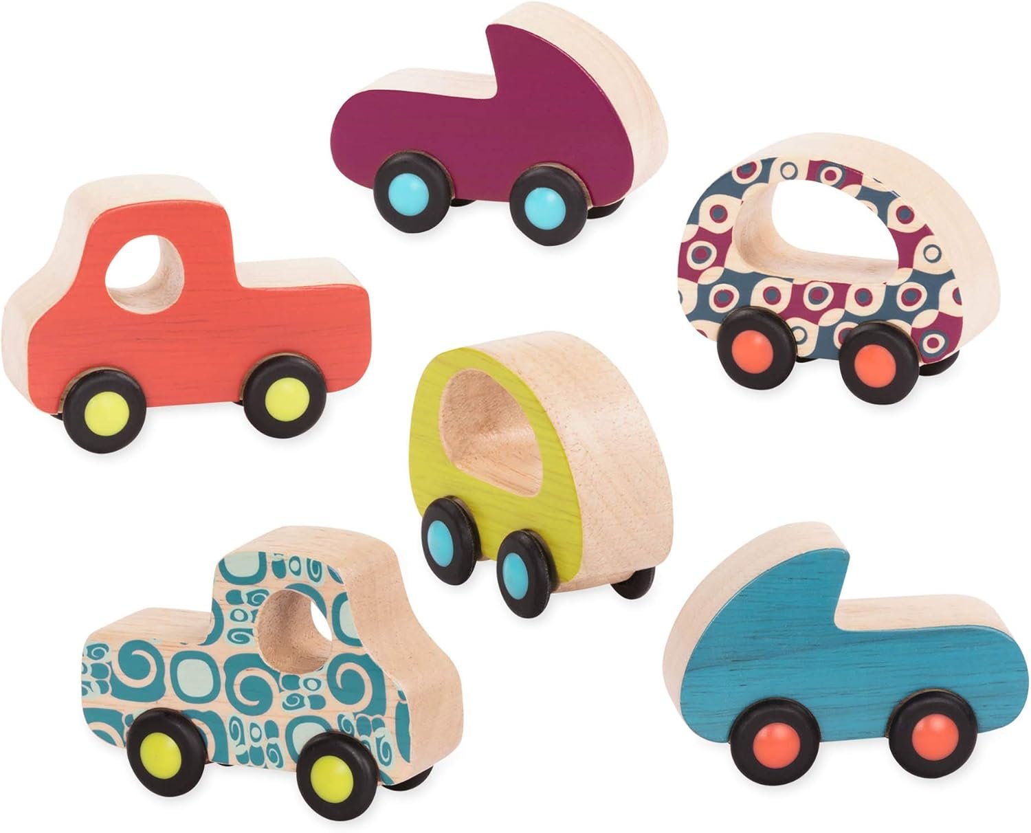 B. toys – Wooden Toy Cars Set with 6 Colorful Vehicles for Kids & Toddlers – Durable Trucks – Easy – Grip Kids Toys for Ages 1+