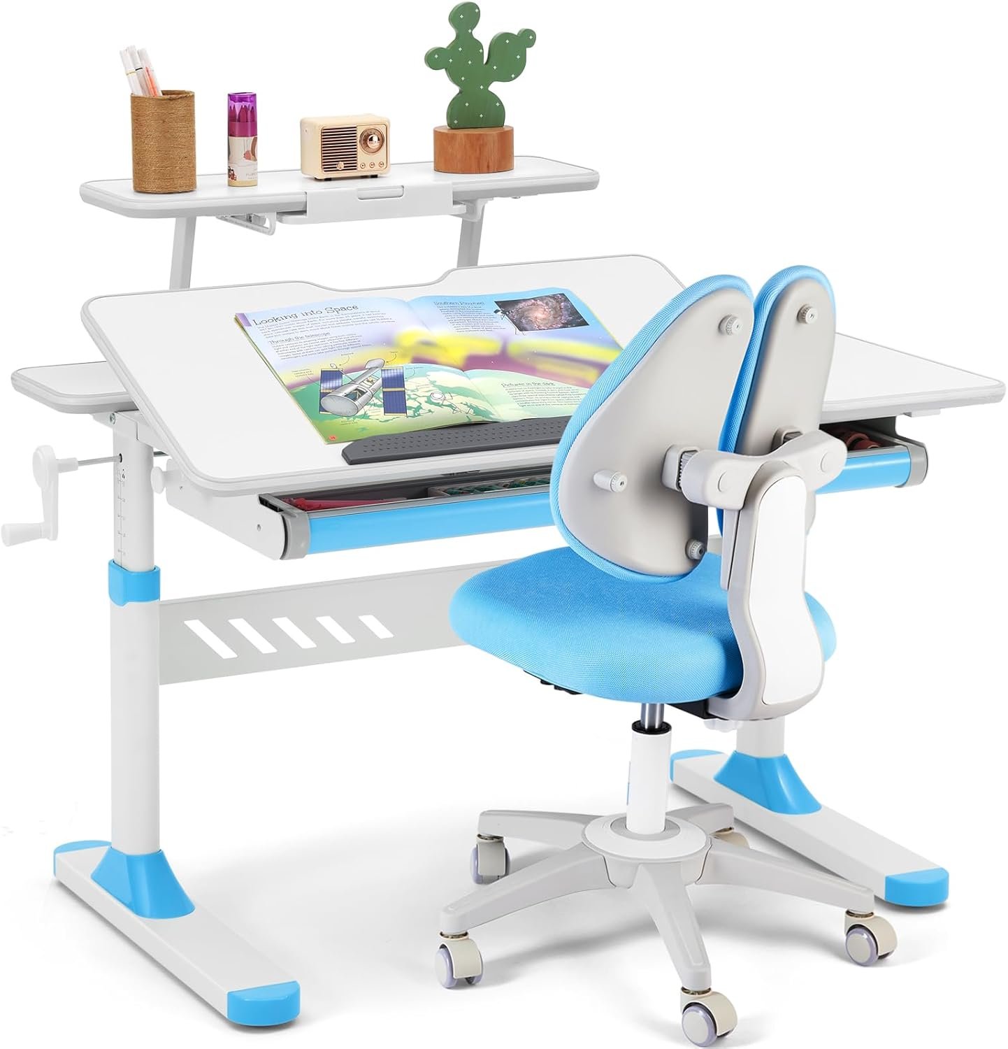 COSVALVE Premium Kids Study Desk and Chair Set,Adjustable Boys School Writing Study Table,Ergonomic Desk Chair with Large Writing Board Pull Out Drawer Bookstand Blue