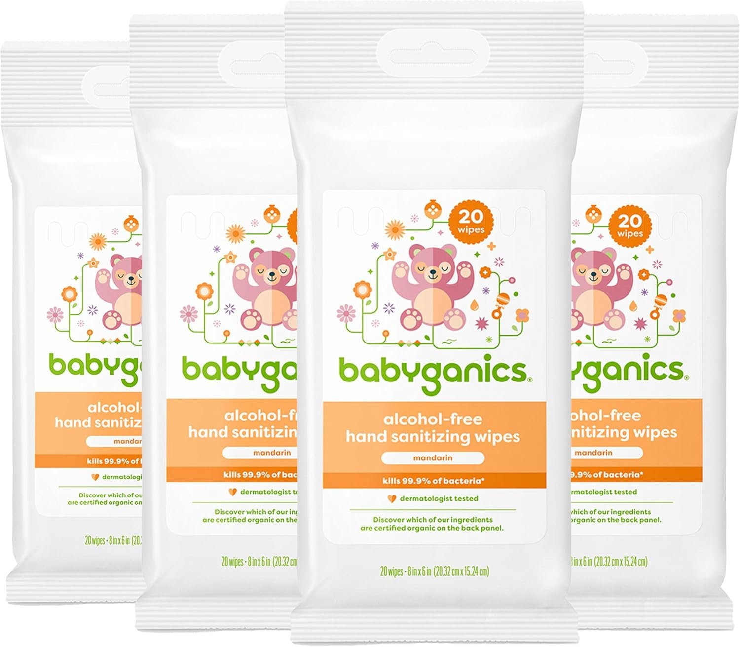Babyganics Alcohol-Free Hand Sanitizing Wipes, Mandarin, Kills 99.9% of Common Bacteria, Moisturizing, 80 ct (20 count, 4 pack), Packaging May Vary