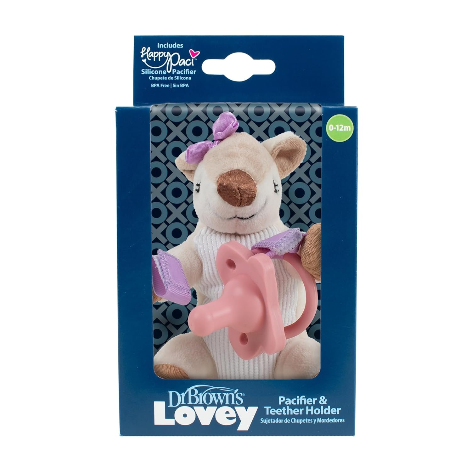 Dr. Brown’s Baby Lovey Pacifier and Teether Holder, Deer with Pink HappyPaci, 100% Silicone, 0-6m (Packaging May Vary)