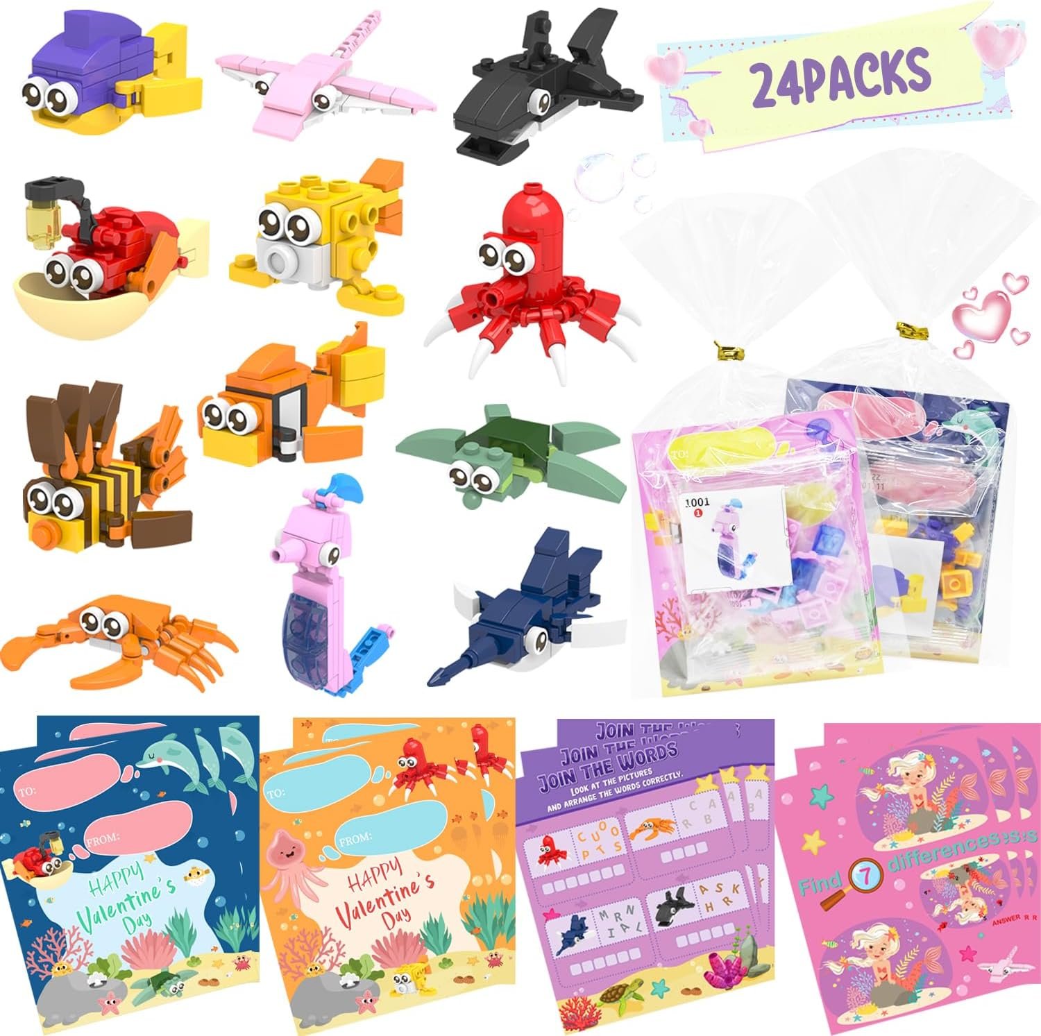WODMAZ 24 Packs Sea Animal Building Blocks for Kids Easter Egg Fillers Basket Stuffers Egg Hunt Birthday Party Favor Gift, Classroom Exchange Prize