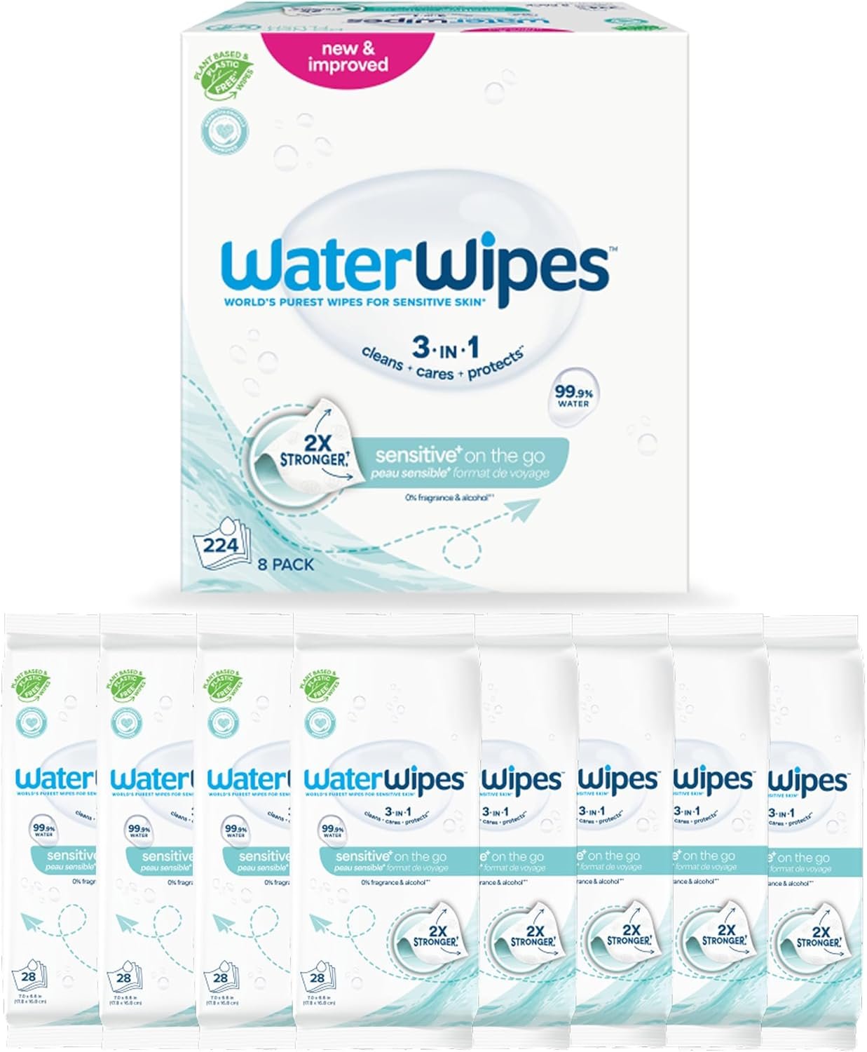 WaterWipes Sensitive+ On The Go Wipes, 3-In-1 Cleans, Cares, Protects, 99.9% Water, Unscented & Hypoallergenic Wet Wipes, 224 Count (8 Packs)