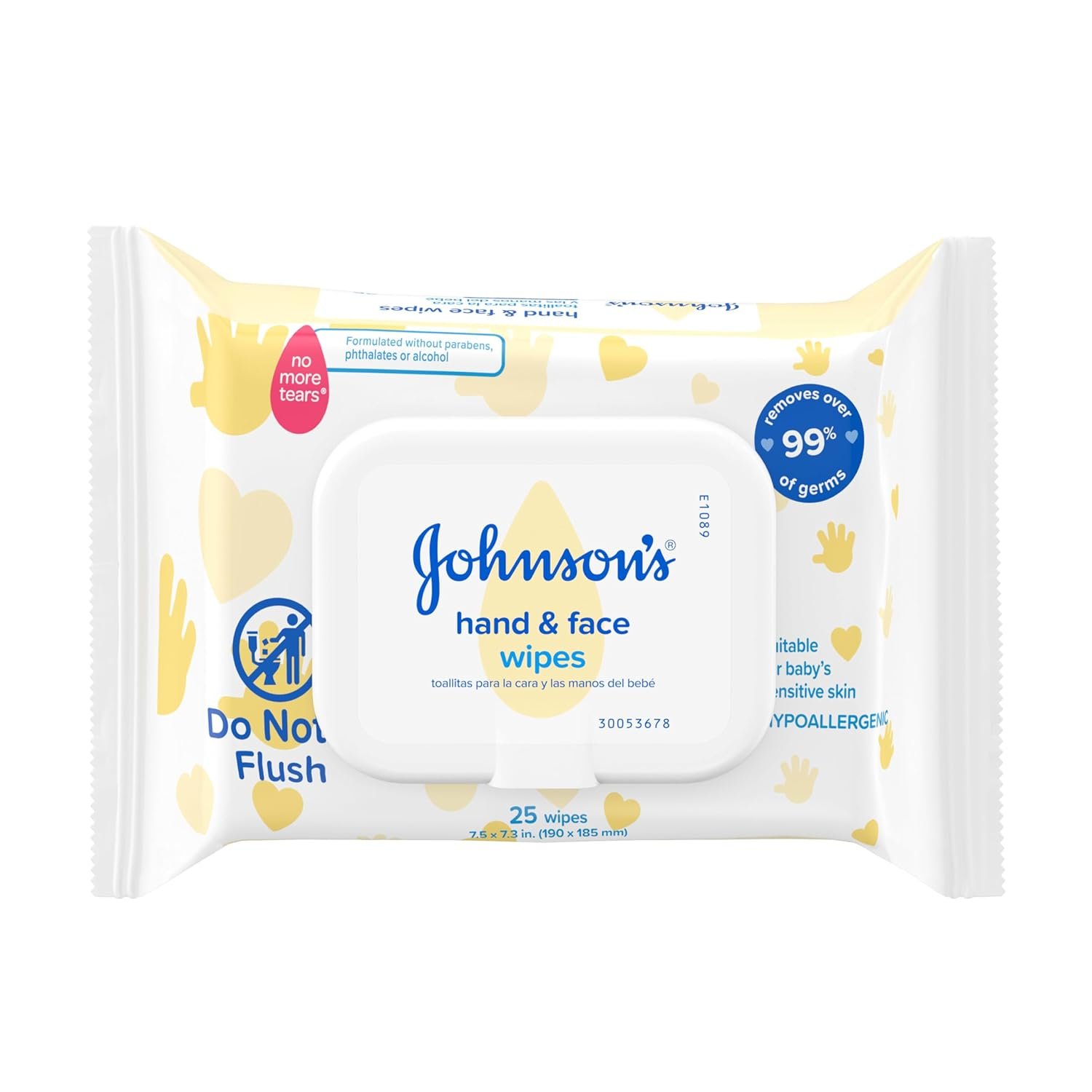 Johnson’s Baby Disposable Hand & Face Cleansing Wipes, Pre-Moistened Wipes Gently Remove 99% of Germs & Dirt from Delicate Skin, Paraben-, Phthalate- & Alcohol-Free, Hypoallergenic, 25 Count
