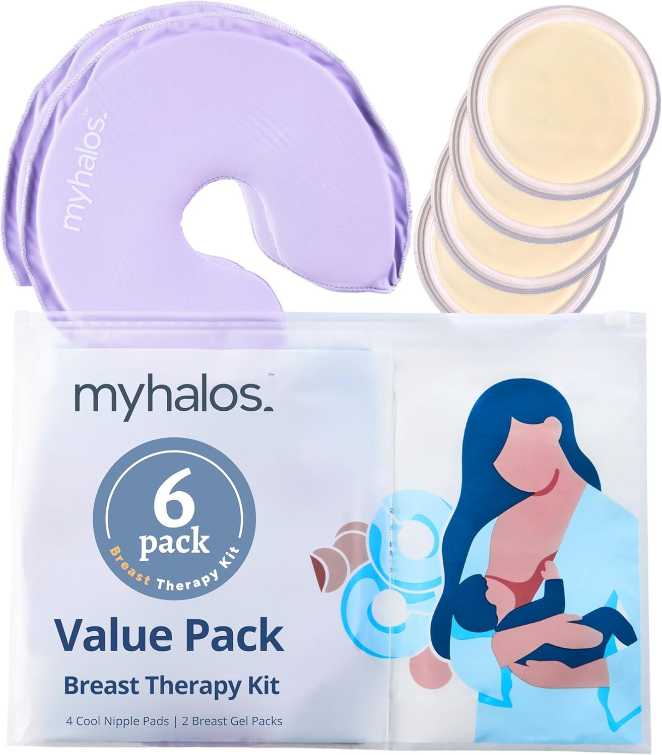 MyHalos® Breast Therapy Pack – 2 Hot Cold Breast Therapy Packs & 4 Hydrogel Nipple Pads for Breastfeeding – Breast Heating Pad Relief – Breast Ice Packs for Engorgement & Nipple Gel Soothing Pads