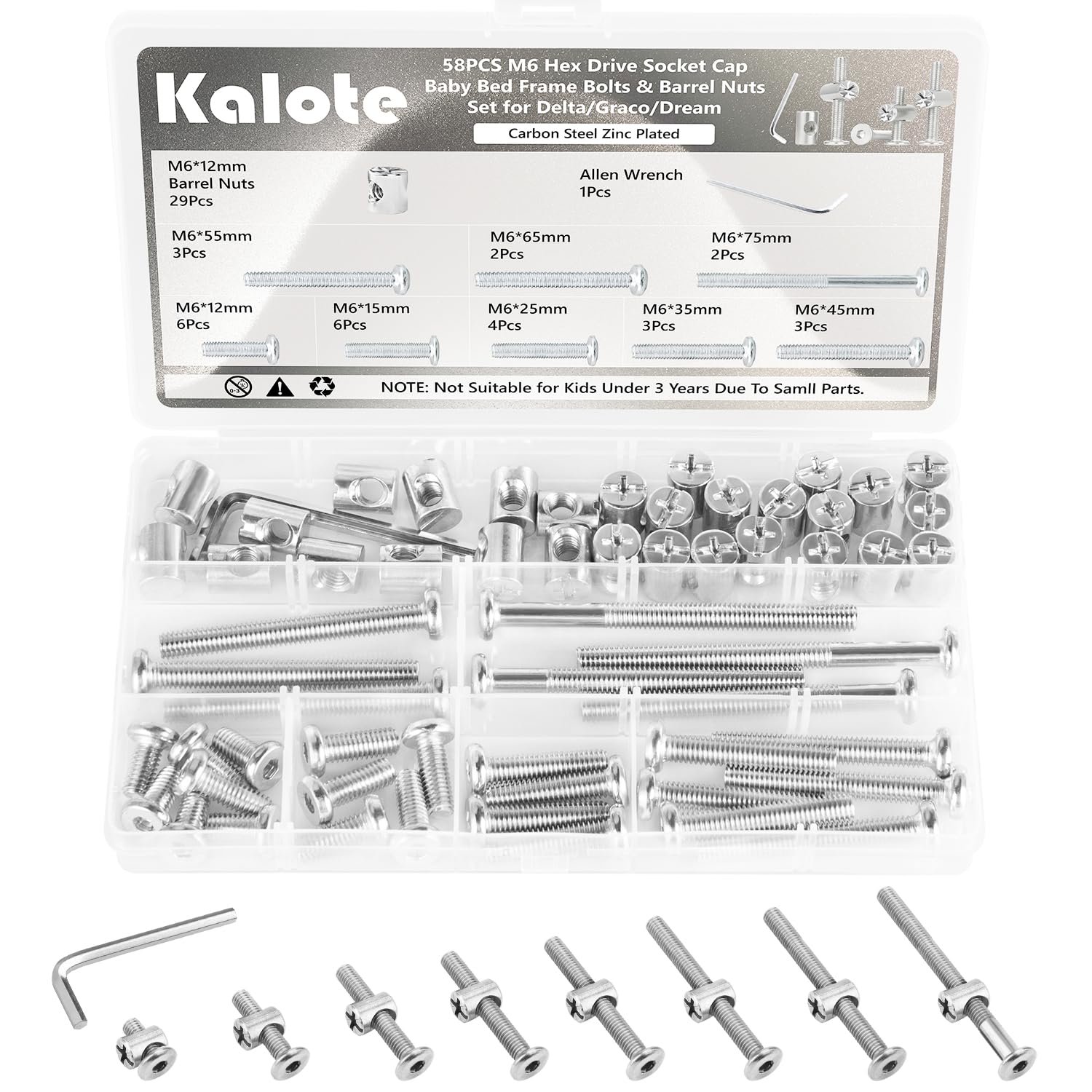 58PCS Crib Screws Hardware Replacement Kit, Baby Bed Frame Bolts & Barrel Nuts Set for Delta/Graco, Hex Drive Socket Cap Screws Barrel Nuts Set (M6*12/15/25/35/45/55/65/75mm) Carbon Steel Zinc Plated