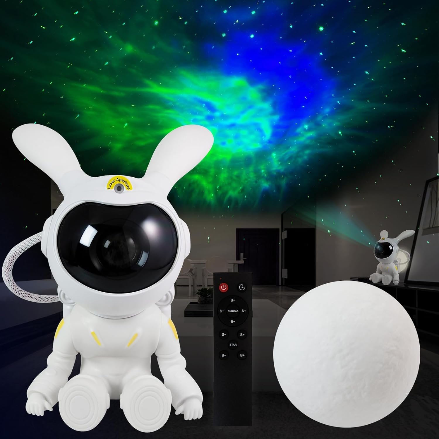 Small Cute Bunny Moon Night Light for Kids/Adults, Corded Astronaut Star Galaxy Projector, Nebula Color Changing Night Light for Bedroom, Ambient Lighting for Sleep Aid, Room Decor, Party