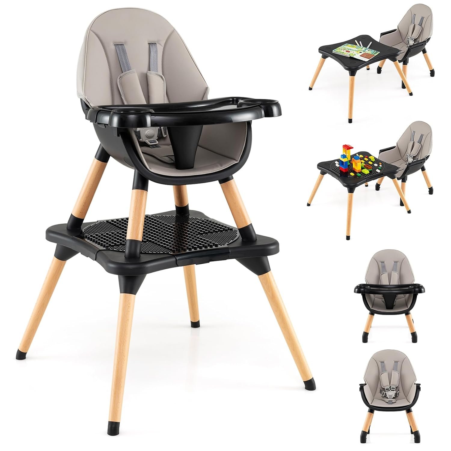 HONEY JOY Baby High Chair, 6-in-1 Convertible Wooden Highchair for Babies and Toddlers/Table Set/Toddler Chair with Safety Harness, 4-Position Removable Feeding Tray (Black)