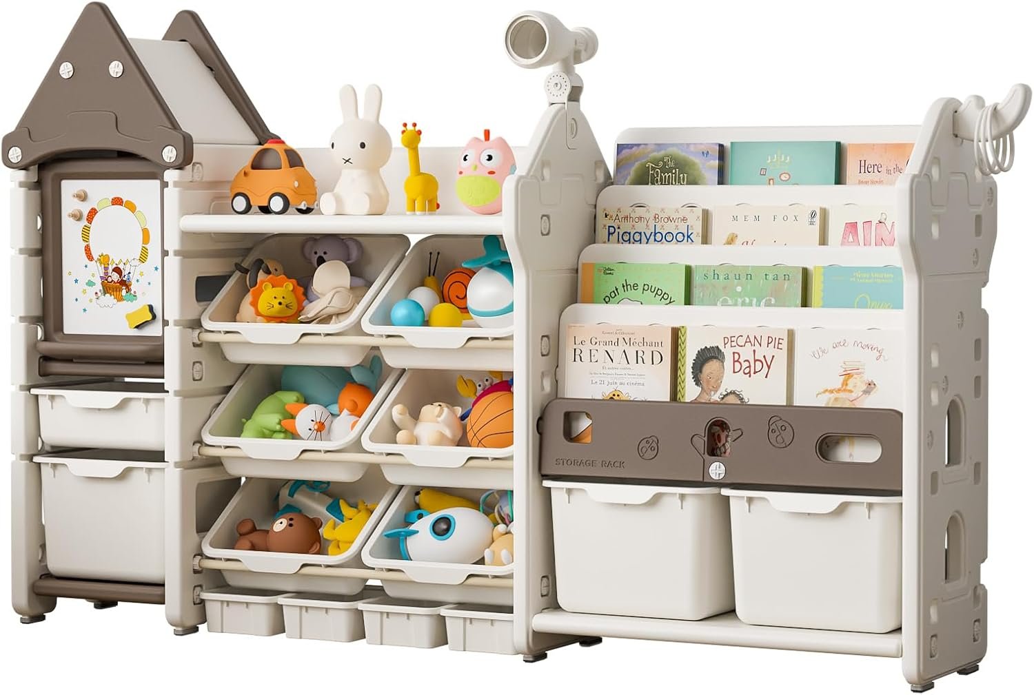 UNICOO® Magic Castle Kids Toy Storage & Bookshelf Organizer with 14 Easy-Pull Bins, Durable HDPE Material, Multifunctional Play Collection with Painting Board & Telescope, Children’s Bookcase (Brown)