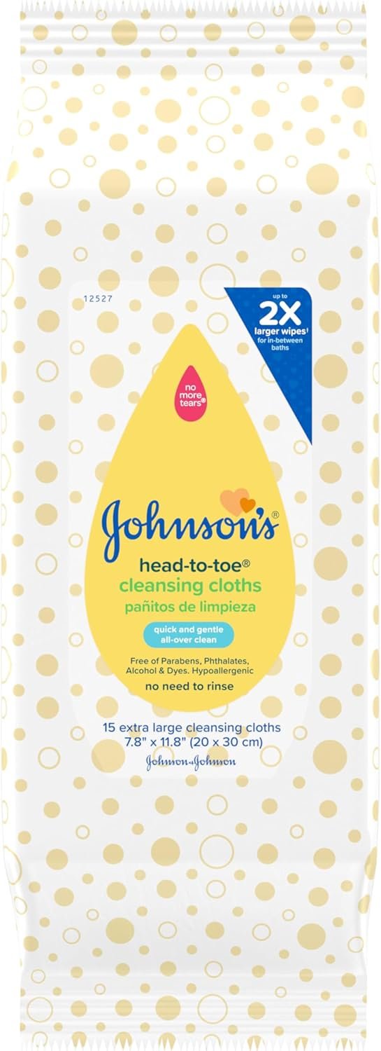 Johnson’s Baby Head-to-Toe Gentle Cleansing Cloths, No Rinse, Disposable Pre-Moistened Baby Bath Wipes, Hypoallergenic Newborn Essentials, Head-to-toe Wipes, Paraben-Free 15 ct