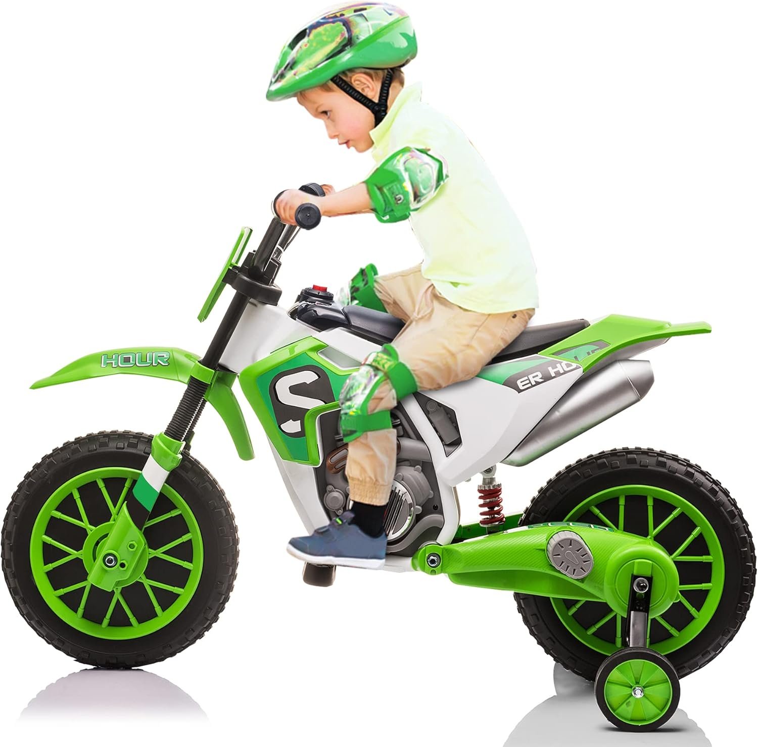 TOBBI Electric Motorcycle for Kids 12V Dirt Bike Ride on Toy Battery Powered Motorbike Off-Road Motocross Kid Motorized Vehicles w/ 2 Speeds, 35W Dual Motors, Training Wheels, Green