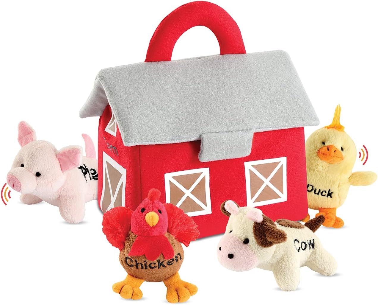 Bundaloo Plush Farm Animal Toys with Realistic Sounds – Plushie Play Set with Barn Carrier