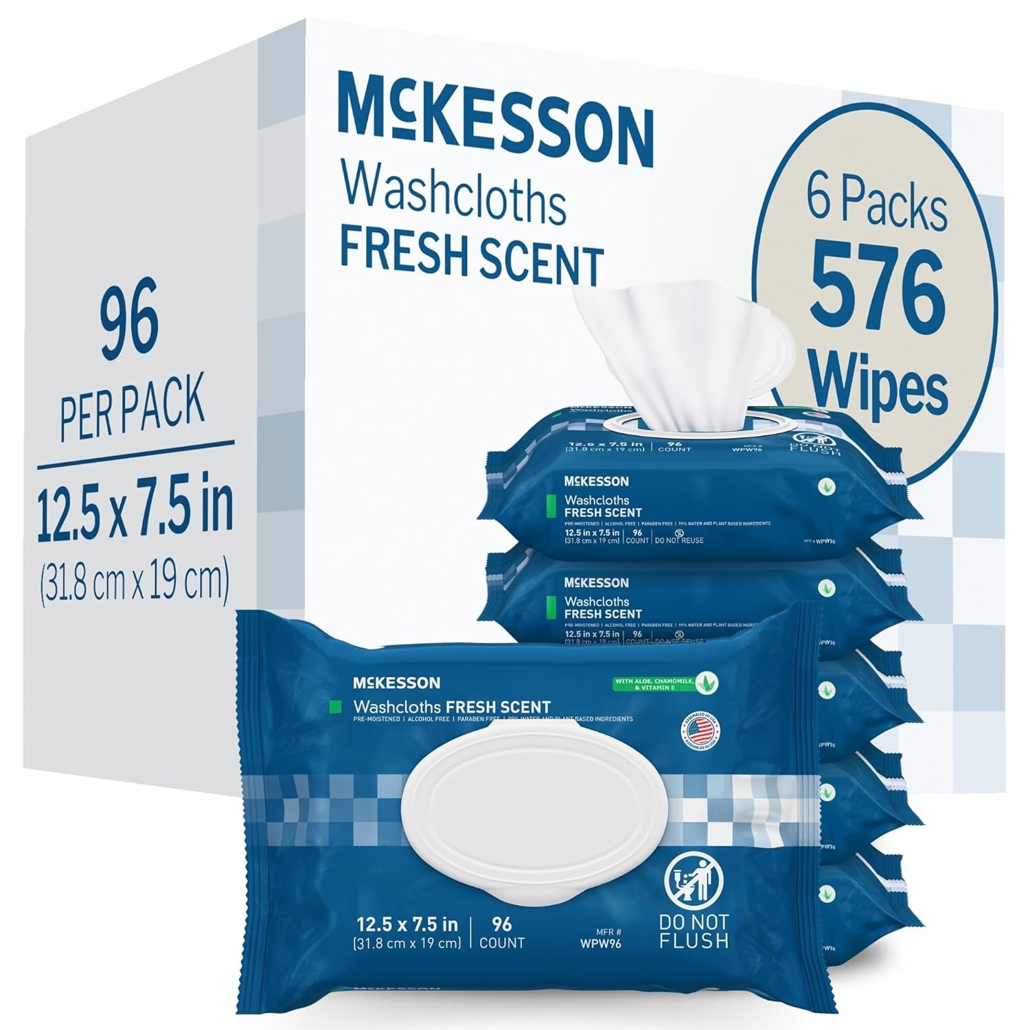McKesson Washcloth Wipes for Adults, Scented (6 Pack, 576 Washcloths) Disposable Wash Cloths for Body – No-Rinse Formula with Snap Lid – Good for Incontinence and Elderly – 96 Wipes Per Pack