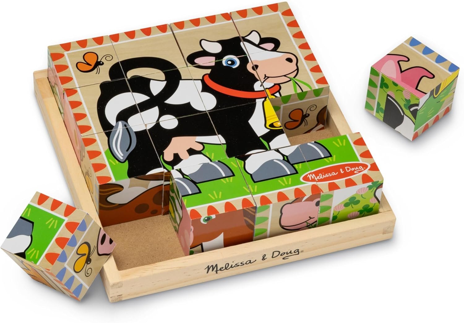 Melissa & Doug Farm Wooden Cube Puzzle with Storage Tray – 6-in-1 Animal Puzzle for Toddlers and Preschoolers – 16 Wooden Cubes – Farm Toy for Kids Ages 3+ – FSC Certified