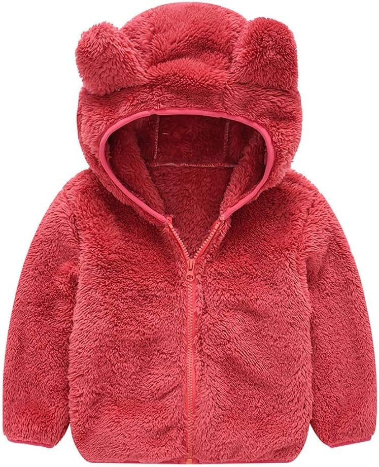 AIWUHE Toddler Boys Girls Hooded Jacket Fleece Hoodie Winter Warm Solid Color Teddy Coat Zip-up Bear Ear Sweater Fall Clothes
