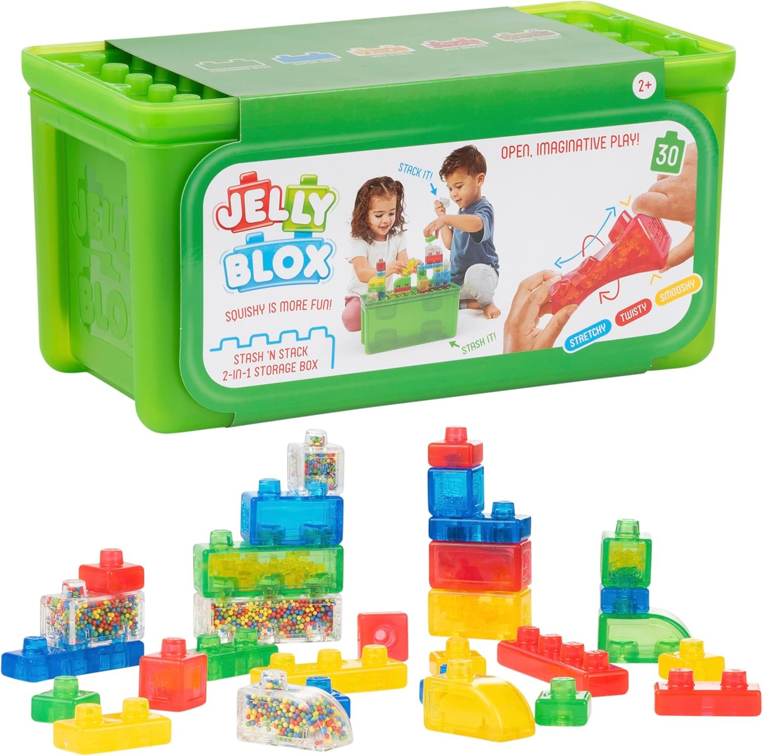 Jelly Blox Stash ‘N Stack 2-in-1 Storage Case with 30 Blocks | Toddler & Preschool Building Blocks Kids Can Squeeze & Stretch | MESH ACCREDITED | Safety Tested & Ouch-Free | Sensory Play Toy Ages 2+