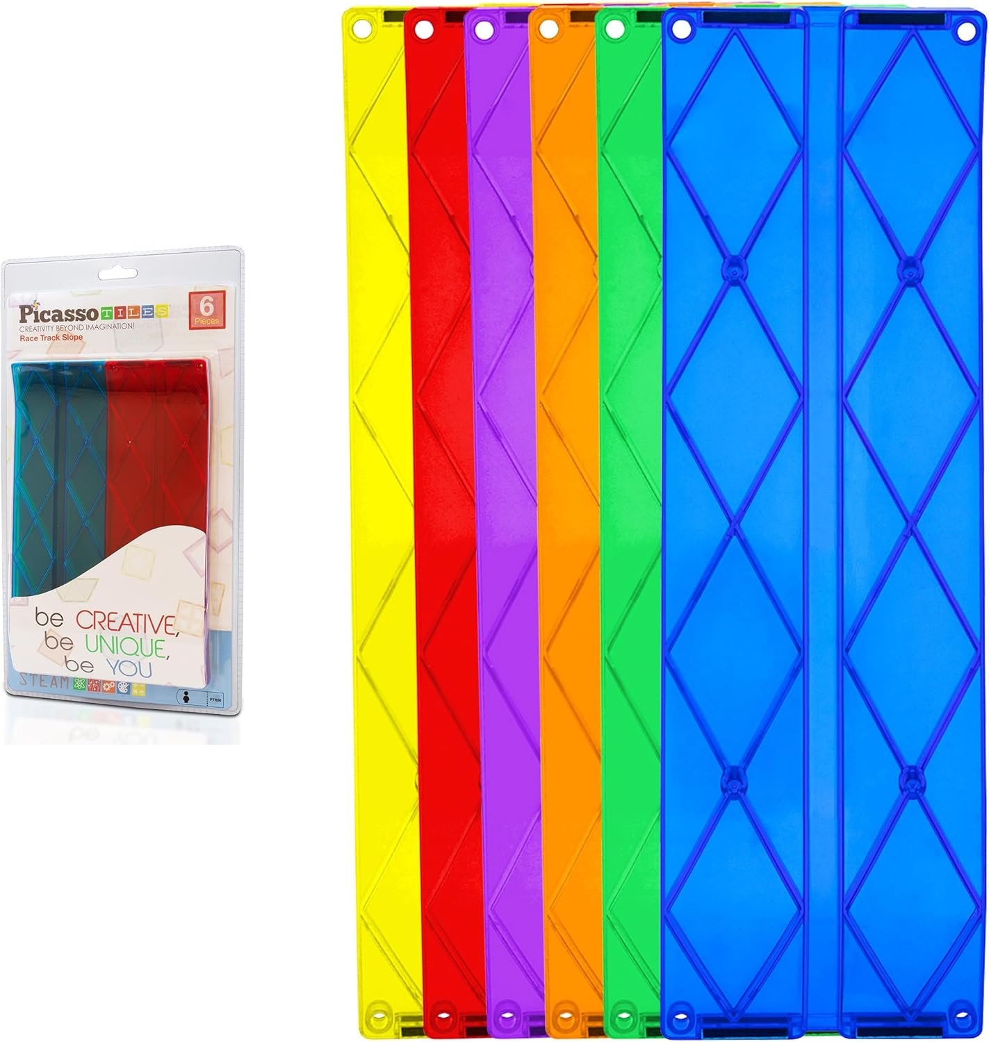 PicassoTiles 6 Piece Magnetic Tiles Race Track Ramp Accessories STEM Building Blocks Toys Magnet Tile Educational Construction Playset Boys Girls Brain Development and Creative Pretend Play Toy PTR06