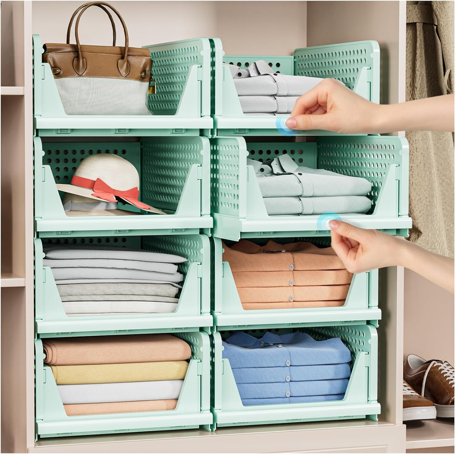 5 Pack Stackable Closet Storage Basket – Stackable Storage Bins, Multifunctional & Foldable Closet Organizer, Wardrobe Cupboard Space-Saving Hat Storage Drawer Organizer, Green