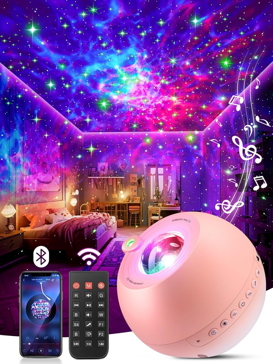 Galaxy Projector for Bedroom, 15 Colors Star Projector Galaxy Light Projector for Bedroom Night Light Projector,15 White Noises Bluetooth Star Lights for Ceiling Projector