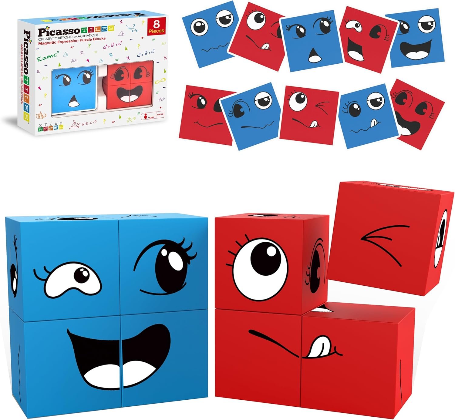 PicassoTiles Magnetic Expression Puzzle Toy Building Block Mix & Match Cubes Cubes Magnet Sensory Toys Pre-School Gifts Educational STEM Learning Kit for Kid, Baby Toddler Age 3 and Up 8 Pieces PMC08