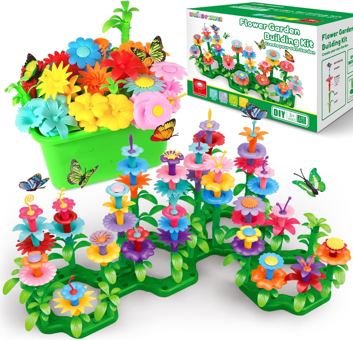 SpringFlower Toys for Girls 3 4 5 6 7 Years Old, Flower Garden Building Kit with Storage case,Educational STEM Toy and Preschool Garden Play Set for Toddlers, for Kids,148pcs
