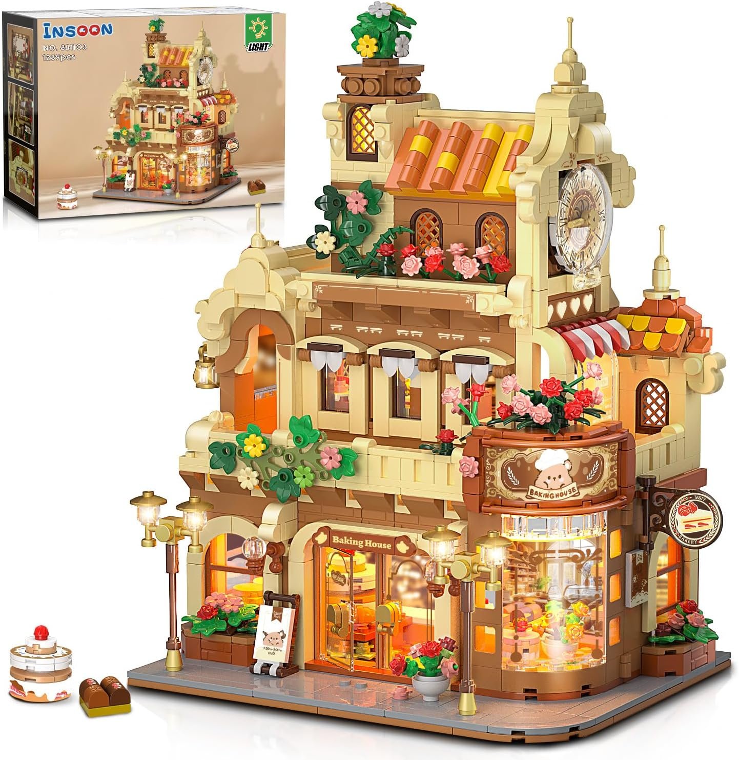 City Bakery Cafe House Building Set with Light, 1289 PCS Baking Shop Building Block Toy with Coffee Cake Bread Bakery Room, Pastry Construction Model for Adults Teens Kids Boys Girls Ages 8-12+