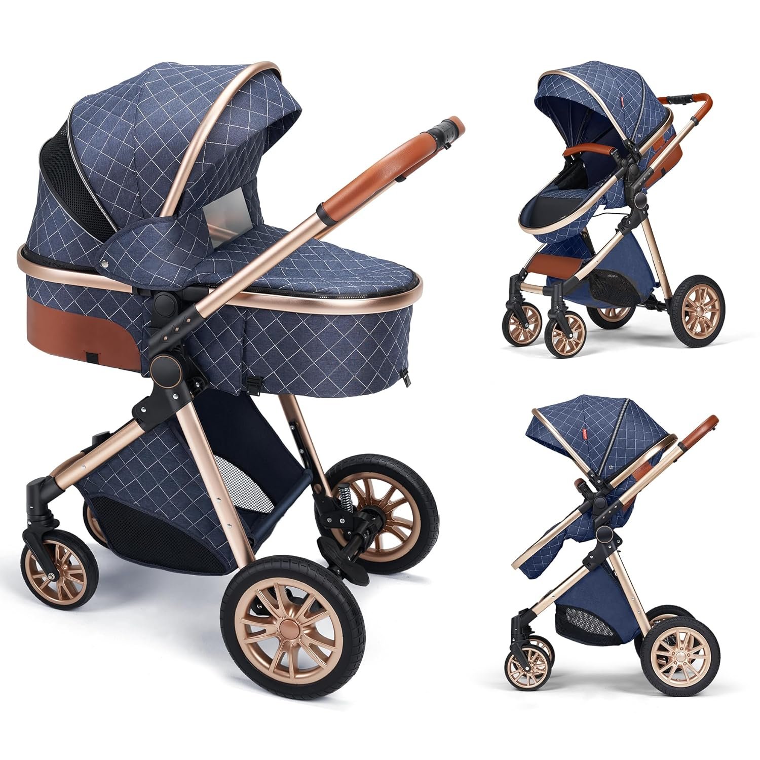 3 in 1 Stroller Pushchair High Landscape Reversible Foldable Portable Reclining (2in1 Blue)