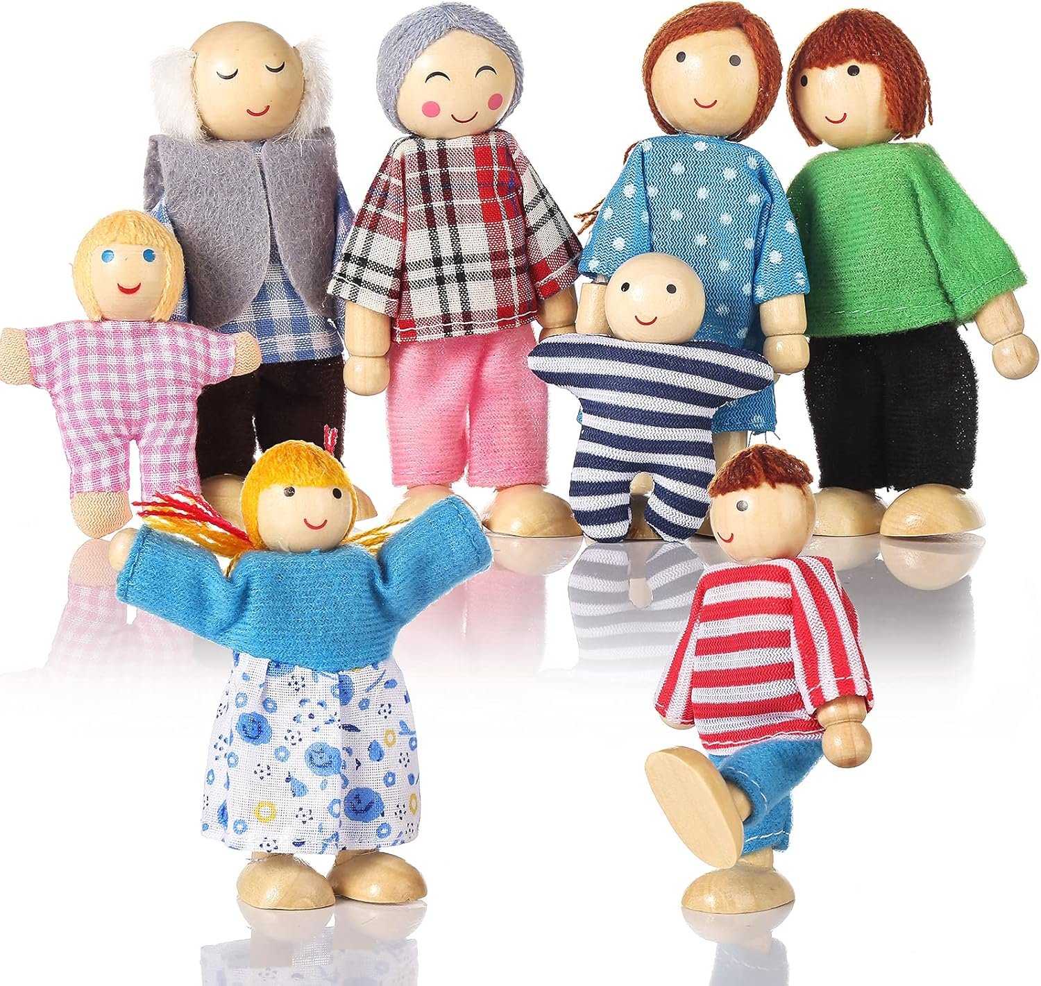 Wooden Doll House People of 8 Figures, Dolls Family Set for Girls Toddler Kids Dollhouse Accessories Toy