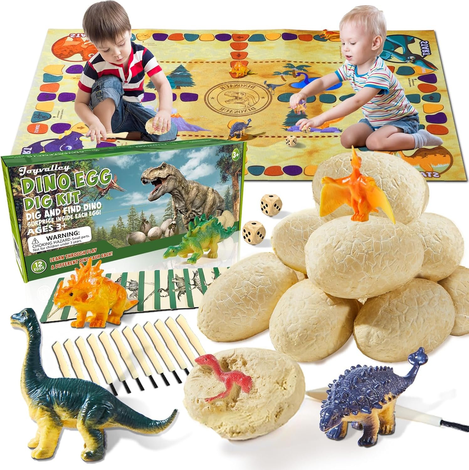 Dino Fossil Eggs Dinosaur Toys – 12 Dinosaur Eggs Dig Excavation Kit w Play Mat for Kids Ages 5-7 Easter Basket Essentials STEM Toy Christmas Birthday Gift for Boys Girls 3 4 5 6 7 8 + 8-13 Years Old