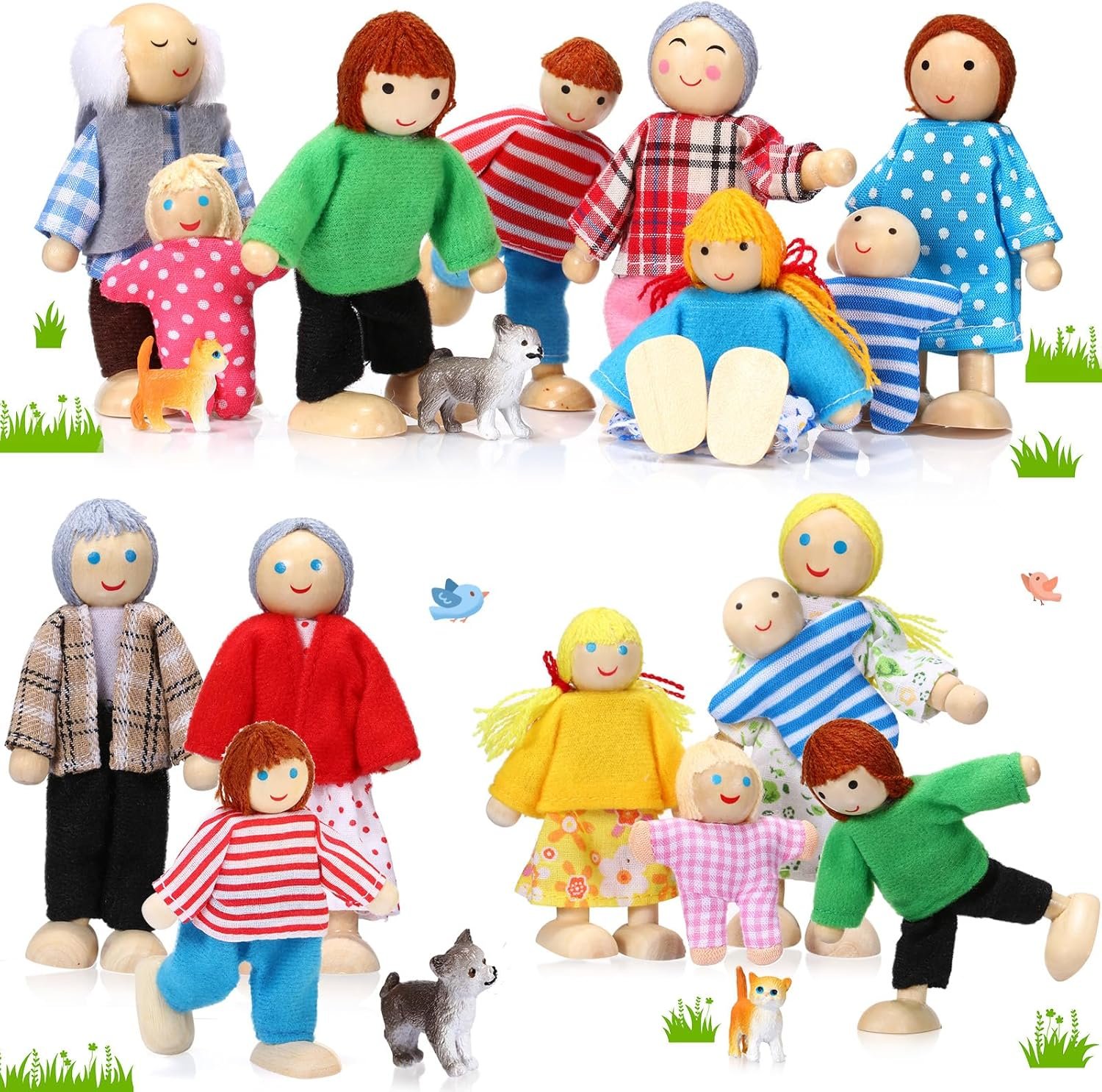 Skylety 20 Pcs Wooden Dollhouse Family Set of 16 Mini People Figures and 4 Pets, Wooden Dollhouse Dolls Cosplay Family Figures Accessories for Pretend Toy(Vivid Style)