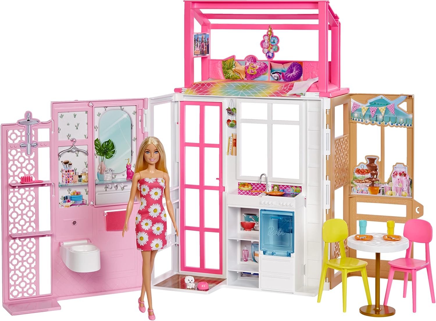 Barbie Dollhouse Playset with Barbie Doll & House with 2 Levels & 4 Play Areas, Fully Furnished, with Pet Puppy & Accessories, Gift for Kids 3 Years Old and Up, HCD48